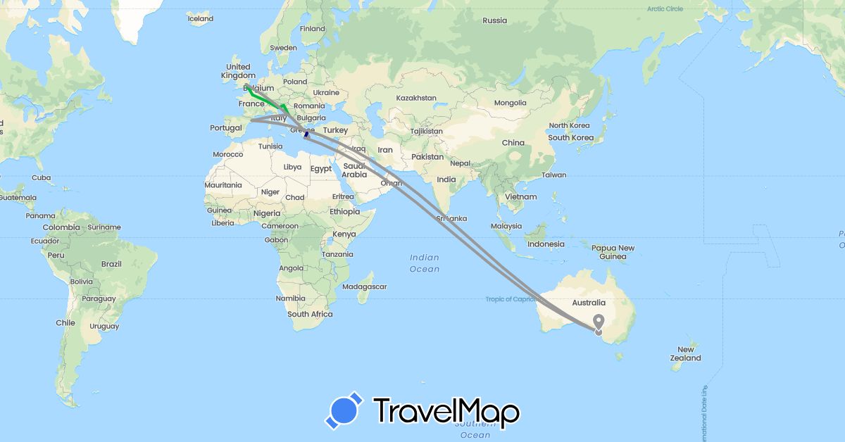 TravelMap itinerary: driving, bus, plane in Australia, Switzerland, Spain, France, United Kingdom, Greece, Croatia, Italy, Slovenia (Europe, Oceania)